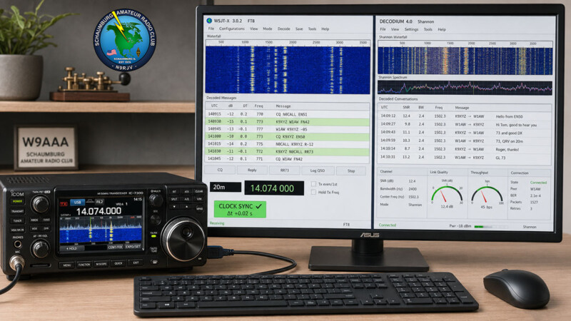 Amateur radio station comparing WSJT-X 3.0.2 and DECODIUM 4.0 digital-mode software.