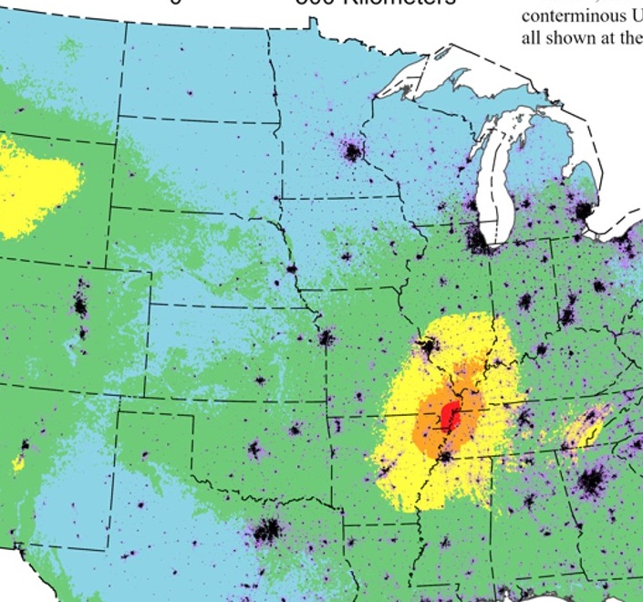 Extract of the 2023 USGS national seismic hazard map showing the Midwest, Great Lakes, and the higher-hazard New Madrid region