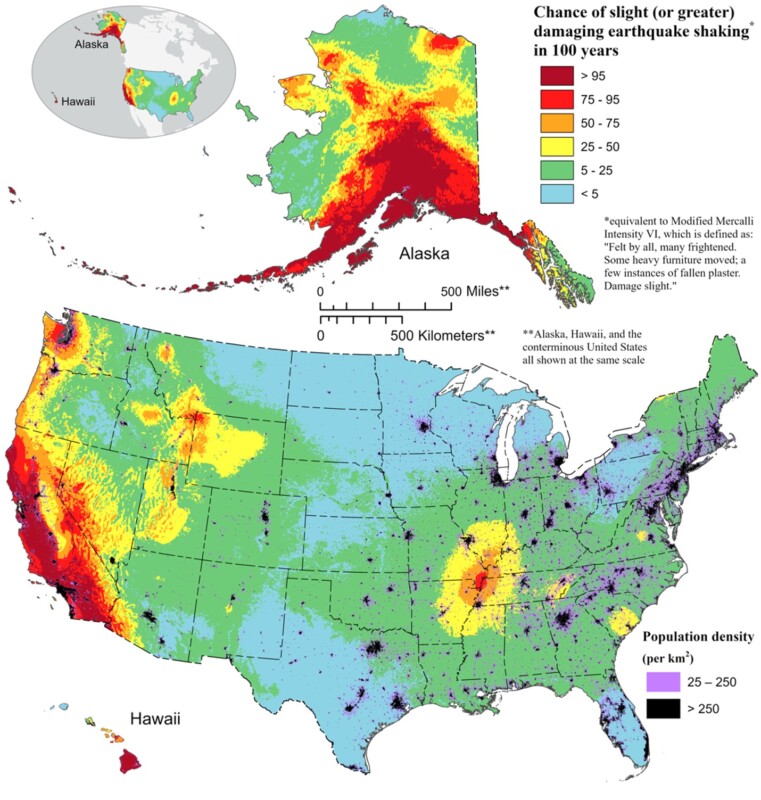 2023 USGS map of the chance of slight or greater damaging earthquake shaking in the United States over 100 years