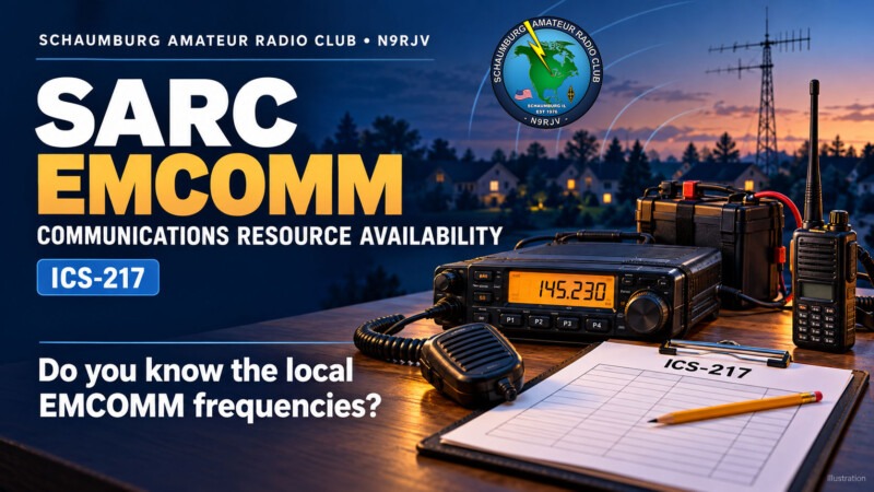 SARC emergency communications station with VHF/UHF radios and an ICS-217 worksheet, encouraging operators to learn local EMCOMM frequencies.