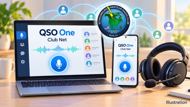 Laptop and Android phone with a headset for joining an amateur radio net through QSO One.